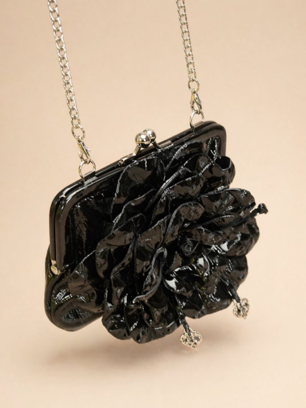 Vintage Brighton Black Patent Rosette Kiss-Lock Mini Clutch w/ Chain Crossbody - Picture 4 of 7